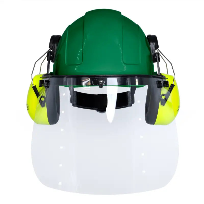 Green cap-style hard hat kit with lime mountable earmuffs and hi-transparency face shield