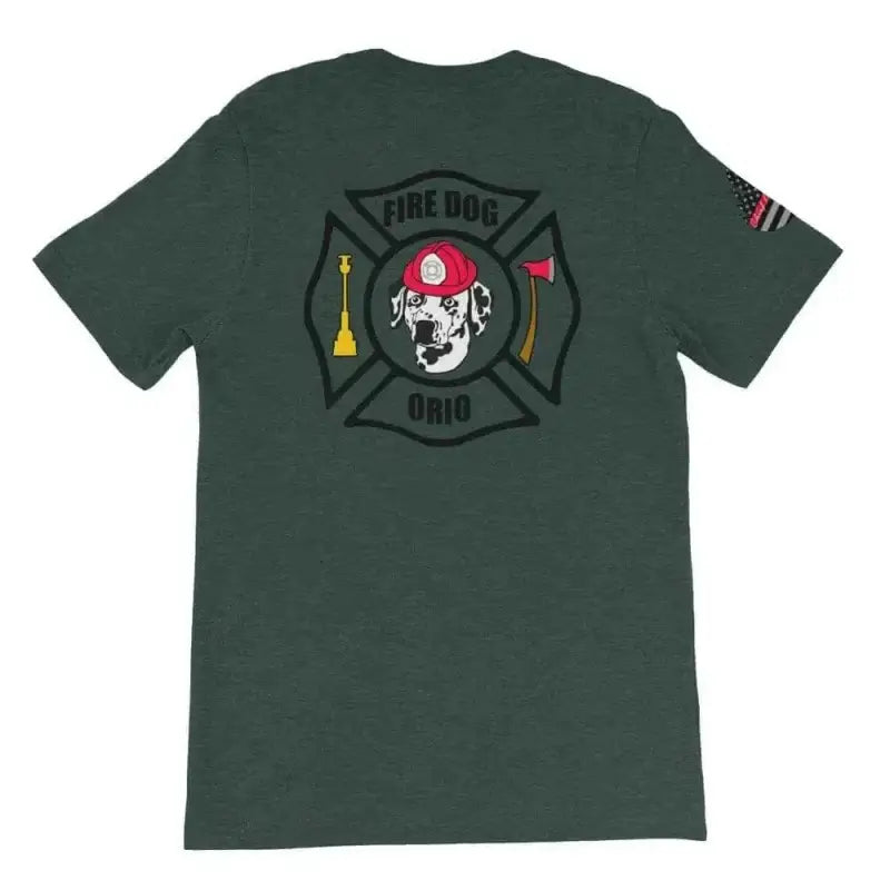 Green dog short-sleeve t-shirt featuring a fire department logo and dalmatian in helmet