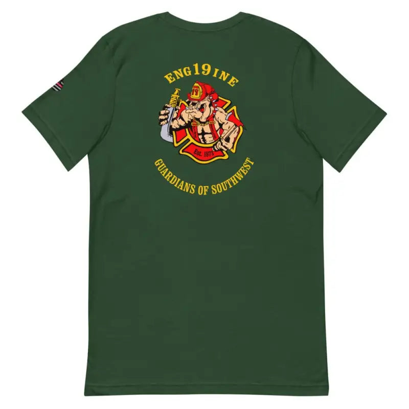 Green t-shirt with firefighter emblem and ENG191NE text, perfect for Engine 19 fans