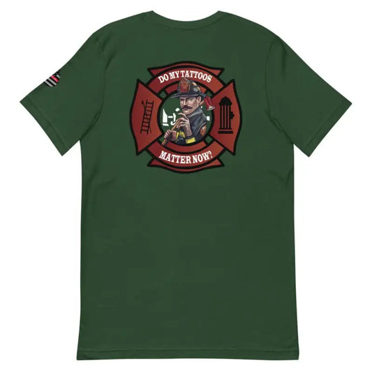 Green t-shirt with firefighter Maltese cross emblem and Privatization Matter Now text