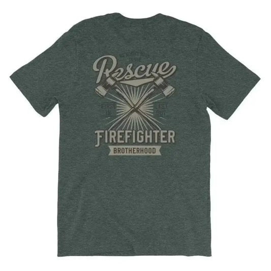 Green Rescue Firefighter Short Sleeve T-shirt with Brotherhood text and axe design