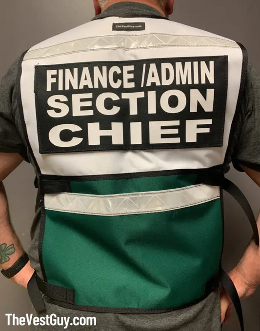 Green and white Two Tone Safety Vest for Admin Section Chief with back text