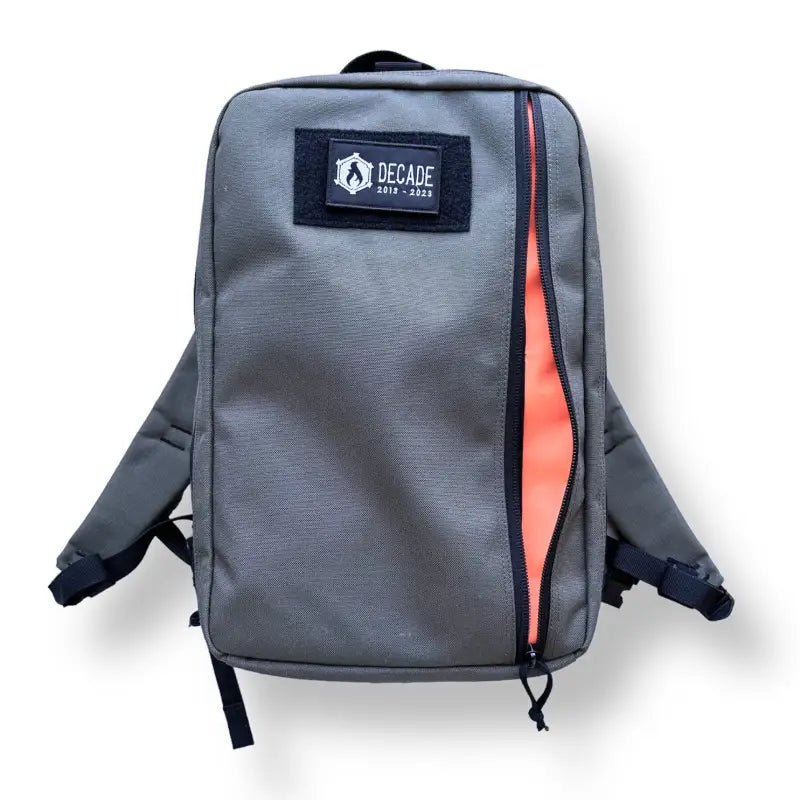 Grey tactical backpack with orange stripe and logo, featuring Ranger Green design