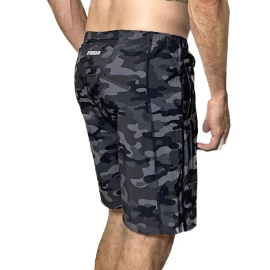 Grey and black camo men’s freestyle running shorts with side pockets for comfort