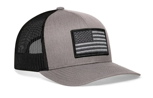 Grey and black mesh American Flag Trucker Hat with black and grey USA patch