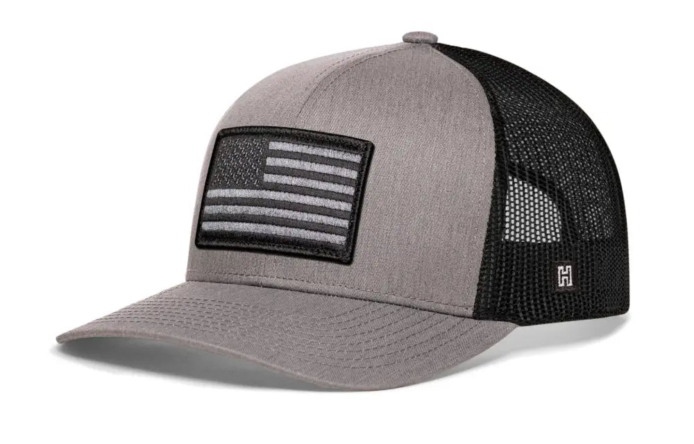 Grey and black mesh American Flag Trucker Hat with USA patch, stylish black snapback