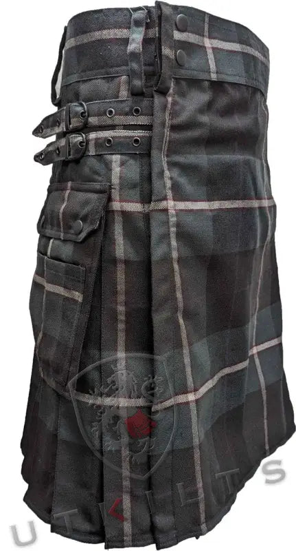 Grey and black plaid Utility Kilt in Midnight Sea Tartan with leather straps and pockets