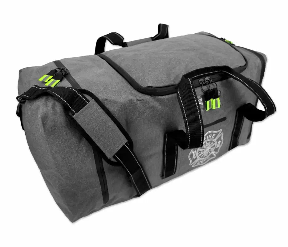 Grey duffle bag with black straps and neon green accents for Carcinogen Resistant Dry Turnout Bag LXFB99