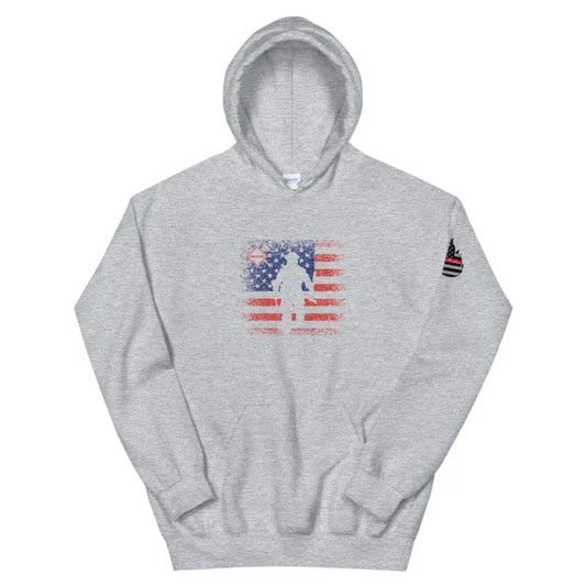 Grey hooded sweatshirt with American flag baseball player design for Flag Firefighter Unisex