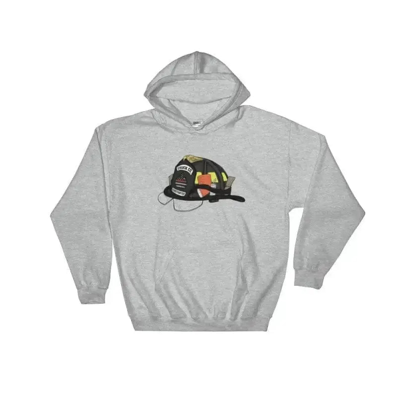 Grey hoodie featuring a printed Firefighter Helmet design in 4XL and 5XL sizes