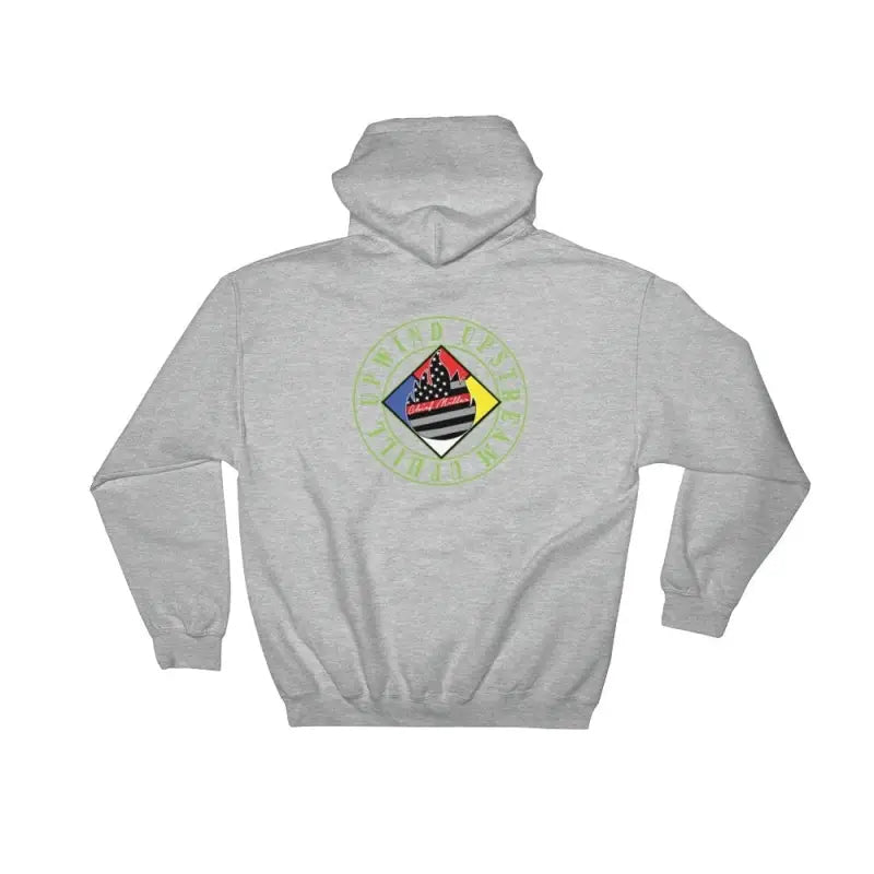 Grey hoodie with circular American flag logo for Chief Miller Hazmat collection