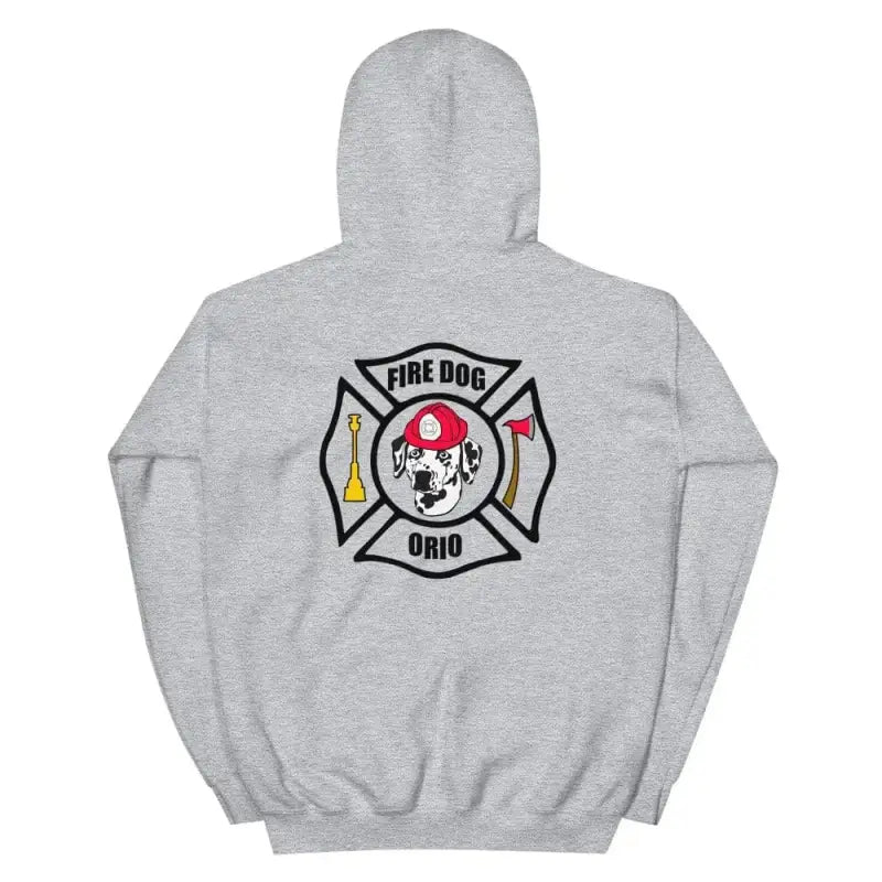 Grey hoodie with fire dog unit logo, ideal dog unisex hoodie in Dark Heather