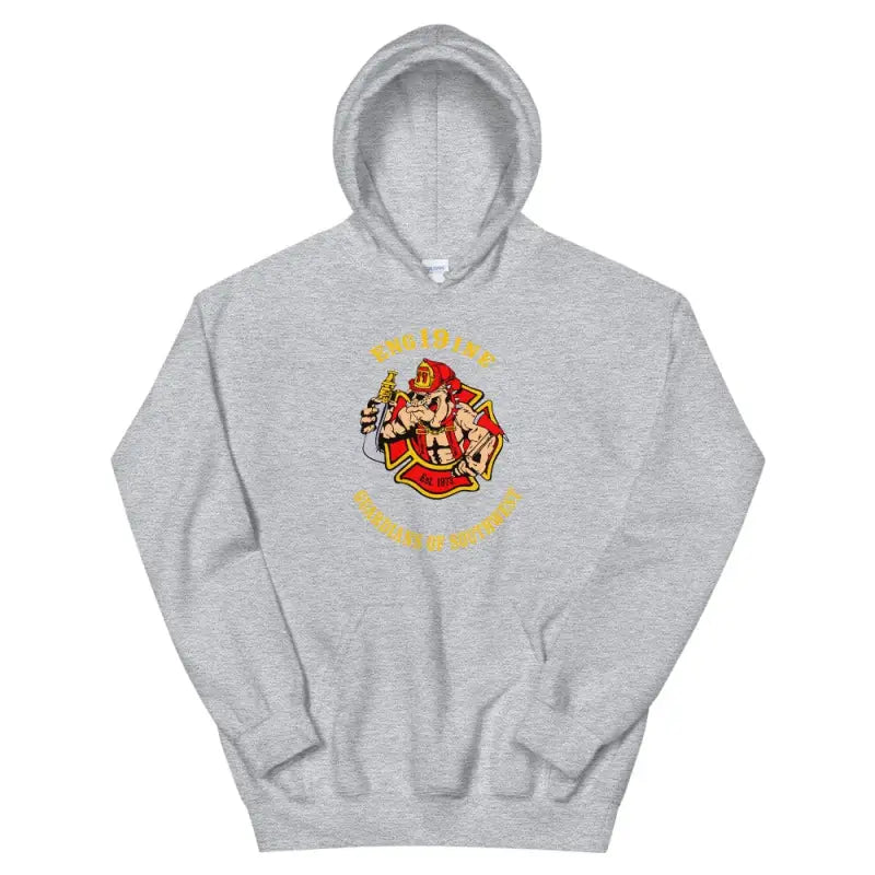 Grey hooded sweatshirt with firefighter emblem, perfect unisex hoodie in Sport Grey