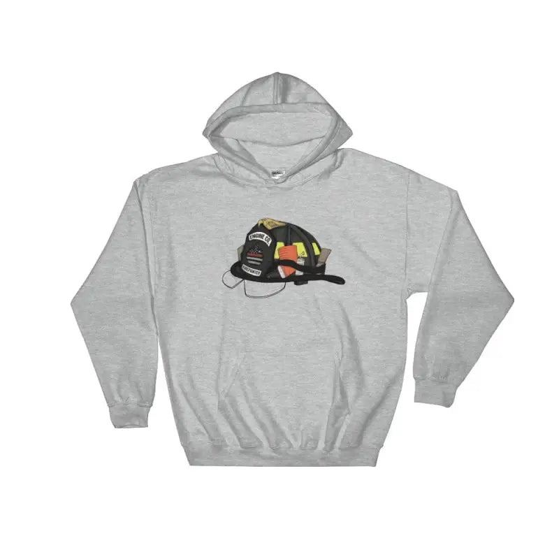 Grey hooded sweatshirt featuring a firefighter helmet graphic, available in 2XL, 3XL, 4XL