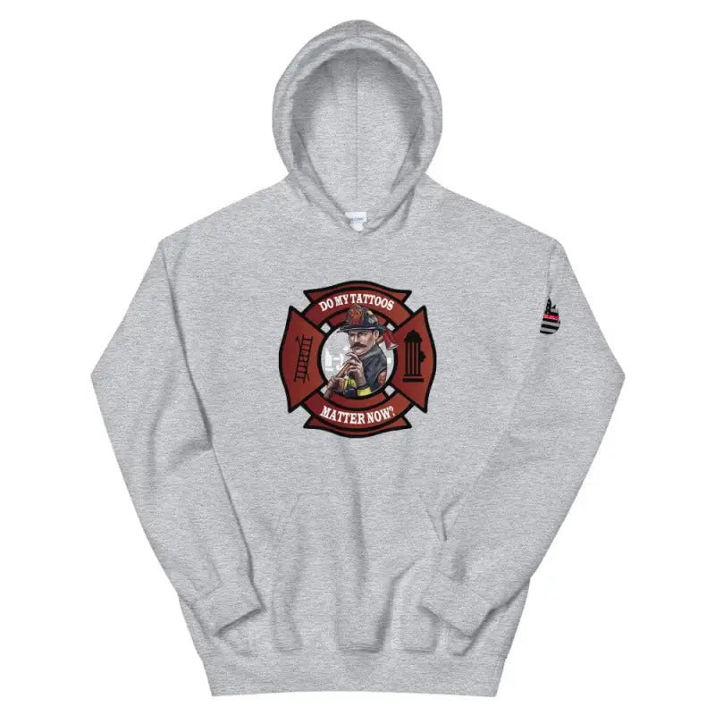 Grey unisex hoodie featuring firefighter Maltese cross logo, tattoos matter version