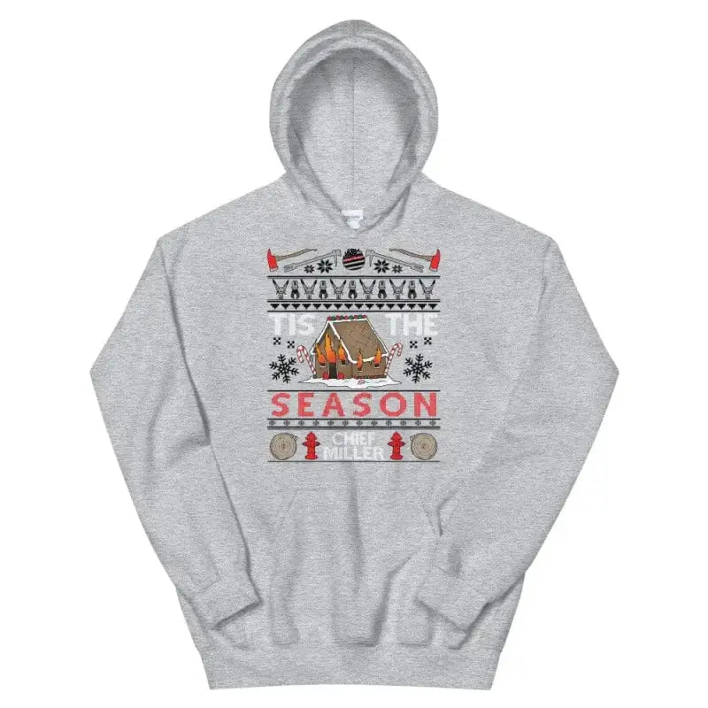 Grey Ugly Christmas Hoodie with gingerbread house holiday design on front