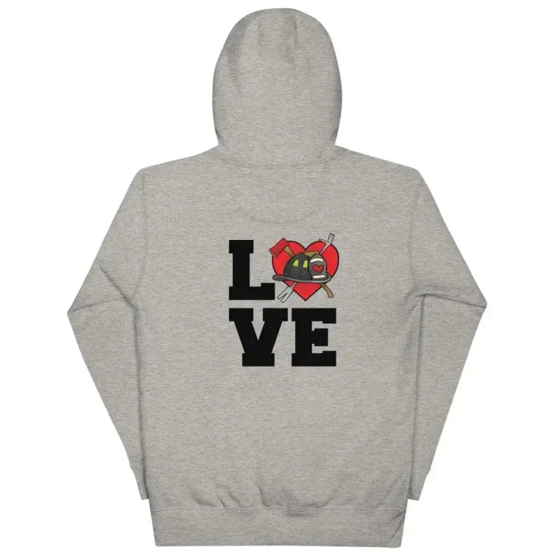 Grey Womens Love Hoodie with heart firefighter design and pouch pocket on the back