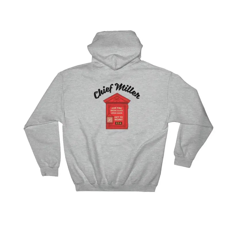 Sport Grey hoodie featuring a red mailbox design and Chief Miller text for Fire Alarm - Hoodie