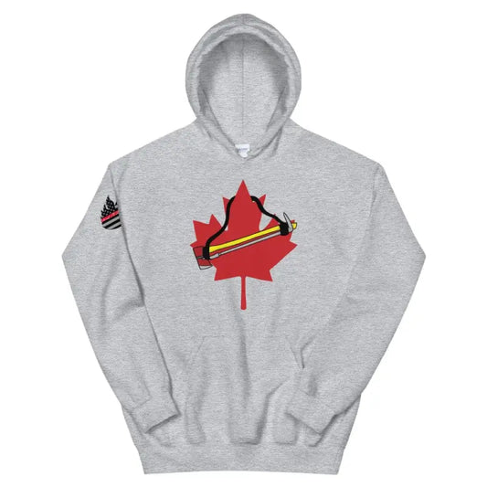 Sport grey Canada Unisex Hoodie with red maple leaf and diagonal stripes design