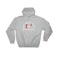 Grey dog hoodie with white text and red graphic design, featuring athletic rib knit