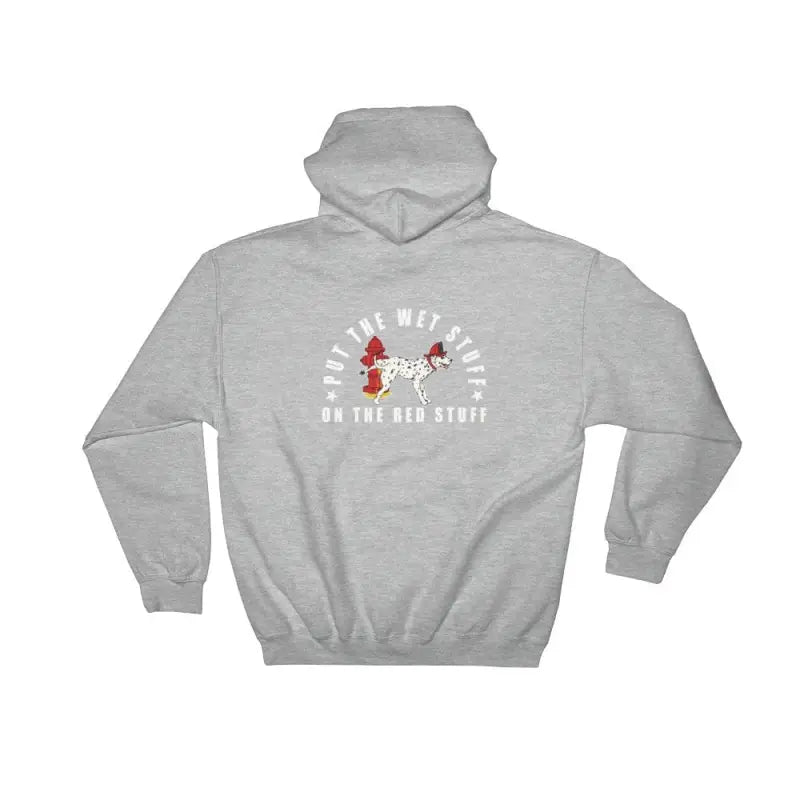 Grey dog hoodie with white text and red graphic design, featuring athletic rib knit