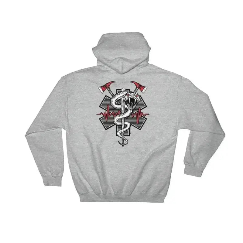 Sport grey hoodie featuring a caduceus and firefighter axes for first responders