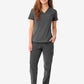 Grey women’s stash-pocket scrub uniform featuring a v-neck top and matching pants