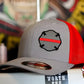 Grey and red Flexfit Y6311 cap with Maltese Cross logo for firefighters