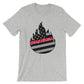 Grey t-shirt with black and white flame American flag design and red text in Heather Prism Dusty