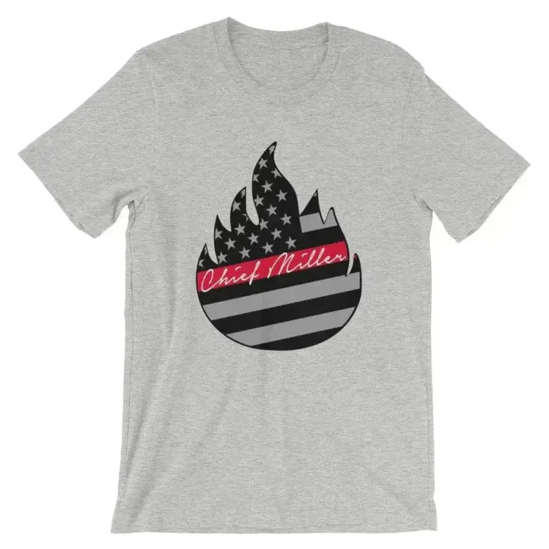 Grey t-shirt with black and white flame American flag design and red text in Heather Prism Dusty