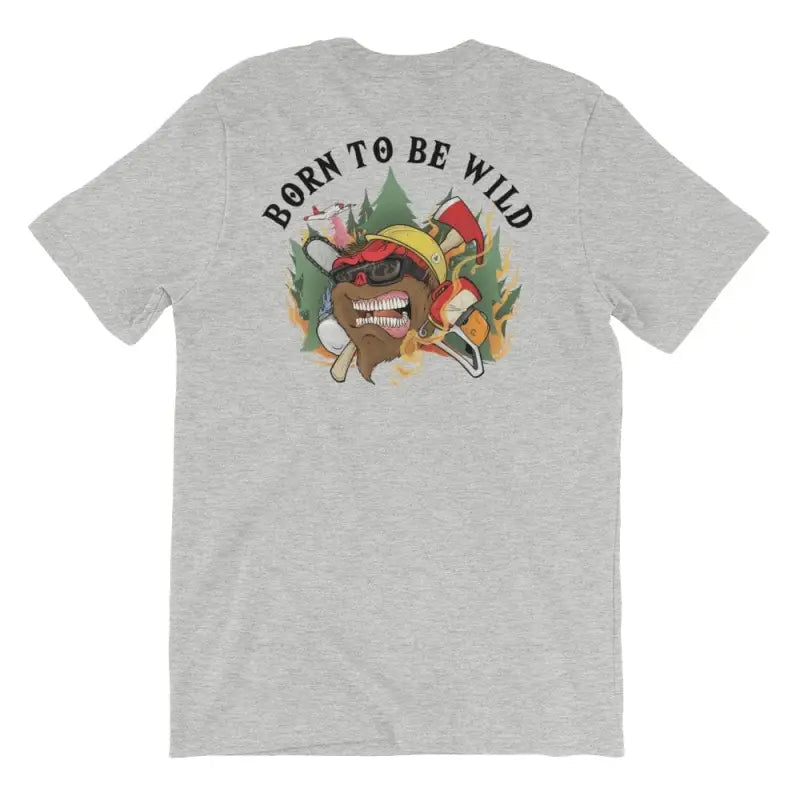Grey t-shirt featuring Bigfoot graphic in forest elements, perfect for outdoor enthusiasts