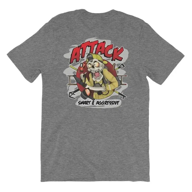 Grey t-shirt with comic-style ATTACK graphic, available in Heather Midnight Navy and more