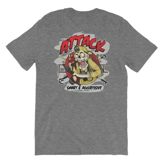 Grey t-shirt with comic-style ATTACK graphic, available in Heather Midnight Navy and more