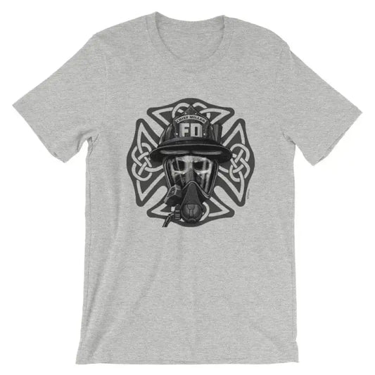 Grey t-shirt with firefighter emblem, gas mask, and Celtic Maltese Cross design