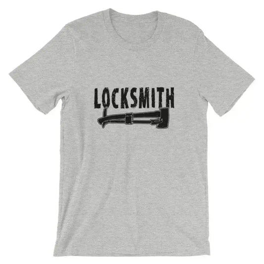 Grey athletic heather t-shirt featuring LOCKSMITH text and hammer graphic for first responders