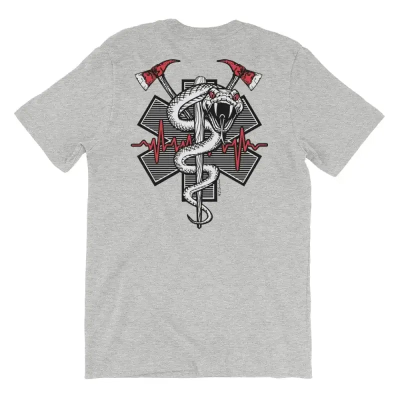 Grey short sleeve t-shirt with caduceus, fire axes, and EKG design in Heather Midnight Navy