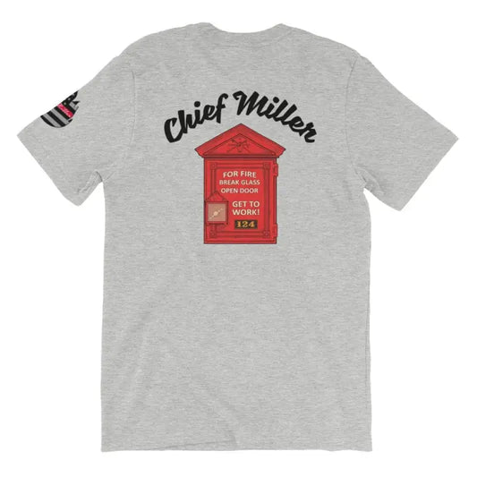 Grey short sleeve t-shirt with red fire alarm box and Chief Miller design in Athletic Heather