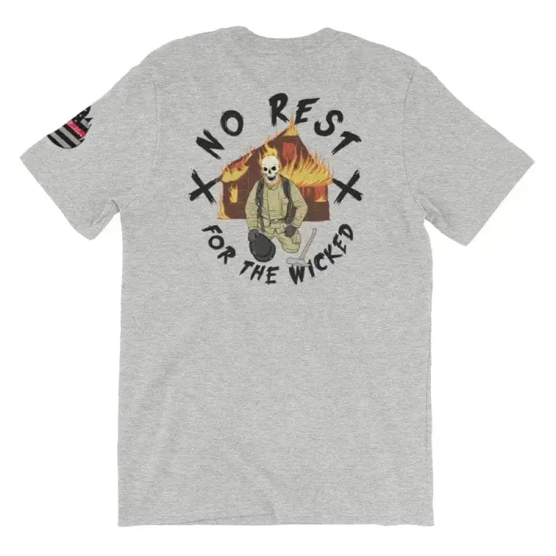 Grey No Rest Short Sleeve T-shirt with skull and flames graphic design on Athletic Heather