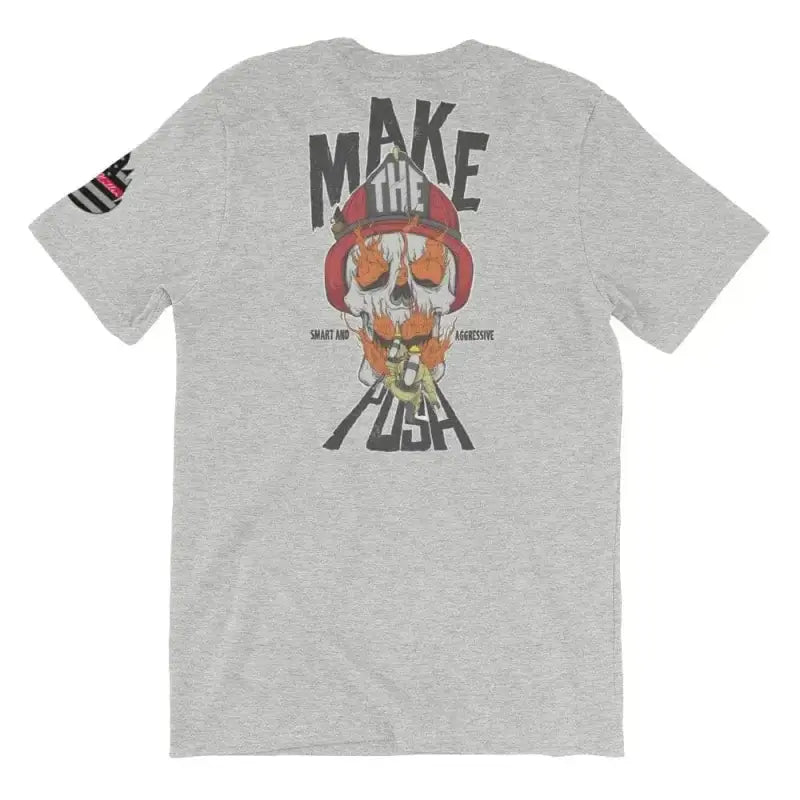 Grey t-shirt with skull graphic and MAKE THE FLESH on a Push - Short design