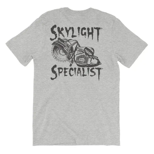 Heather True Royal Grey T-shirt featuring Skylight Specialist text and chainsaw graphic