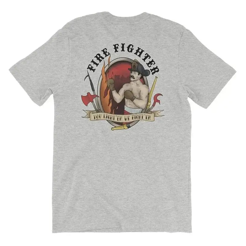 Grey t-shirt with vintage boxing emblem and Fire Fighter text in Heather Midnight Navy