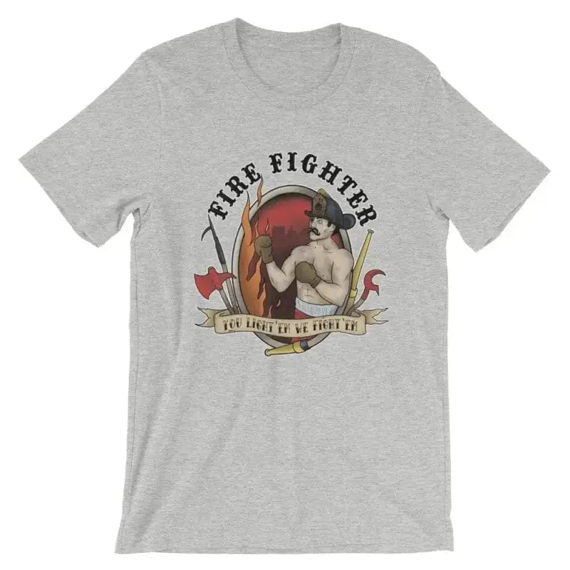 Grey t-shirt with vintage boxer emblem and Fire Fighter text, available in Heather True Royal