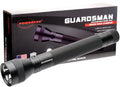 Black tactical flashlight with textured grip and packaging for Guardsman 3000 Lumen Patrol Flashlight