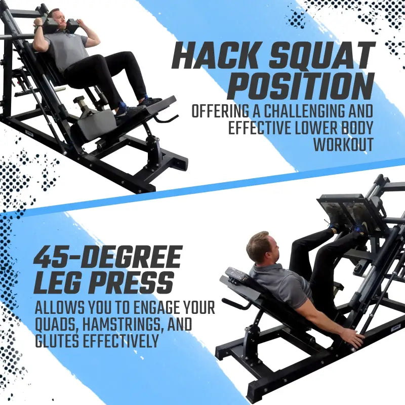 Gym equipment for leg exercises featuring SFE Commercial 45 Degree Plate Loaded Leg Press Hack Squat Combo
