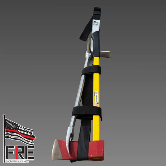 Firefighting Halligan tool with Irons Shoulder Strap in patent pending design on red stand