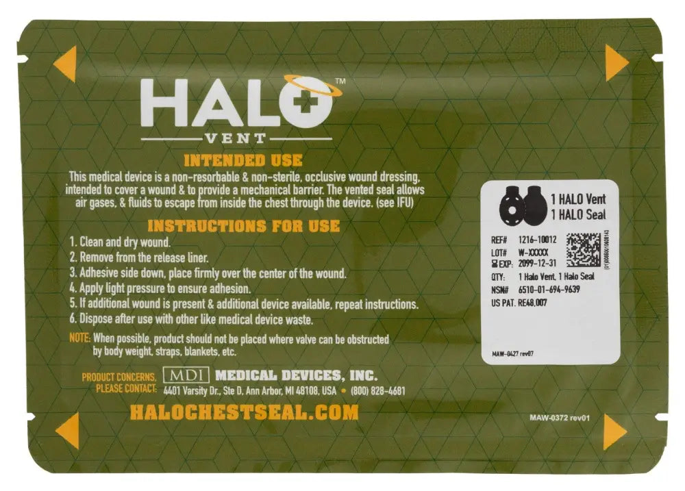 Military-style green label on Halo Chest Seal packaging with usage instructions