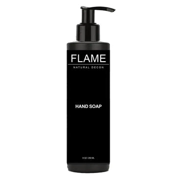 Black pump bottle of Flame Hand Soap with Activated Charcoal to remove carcinogens