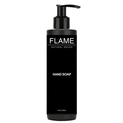 Black pump bottle of Flame Hand Soap with Activated Charcoal to remove carcinogens