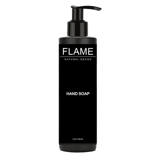 Black pump bottle of Flame Hand Soap with Activated Charcoal to remove carcinogens