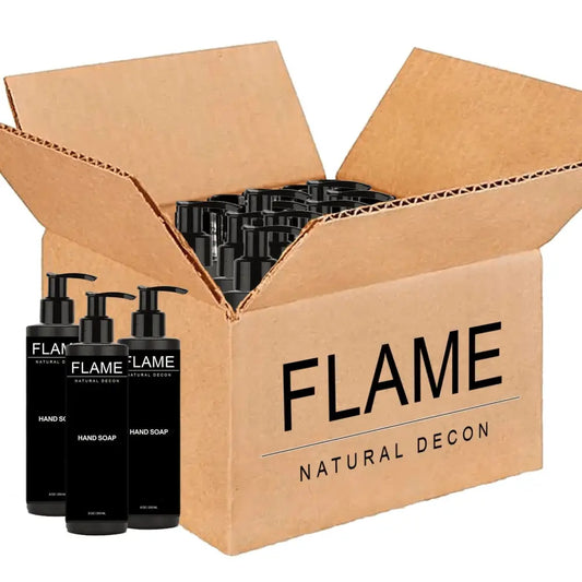 Cardboard box of FLAME Natural Decon black pump bottles for activated charcoal hand soap